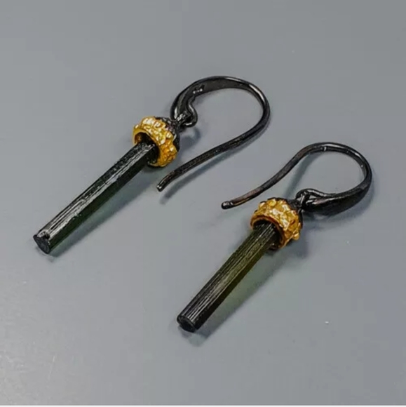 green tourmaline & sterling & gold long pillar earrings - Picture 5 of 10